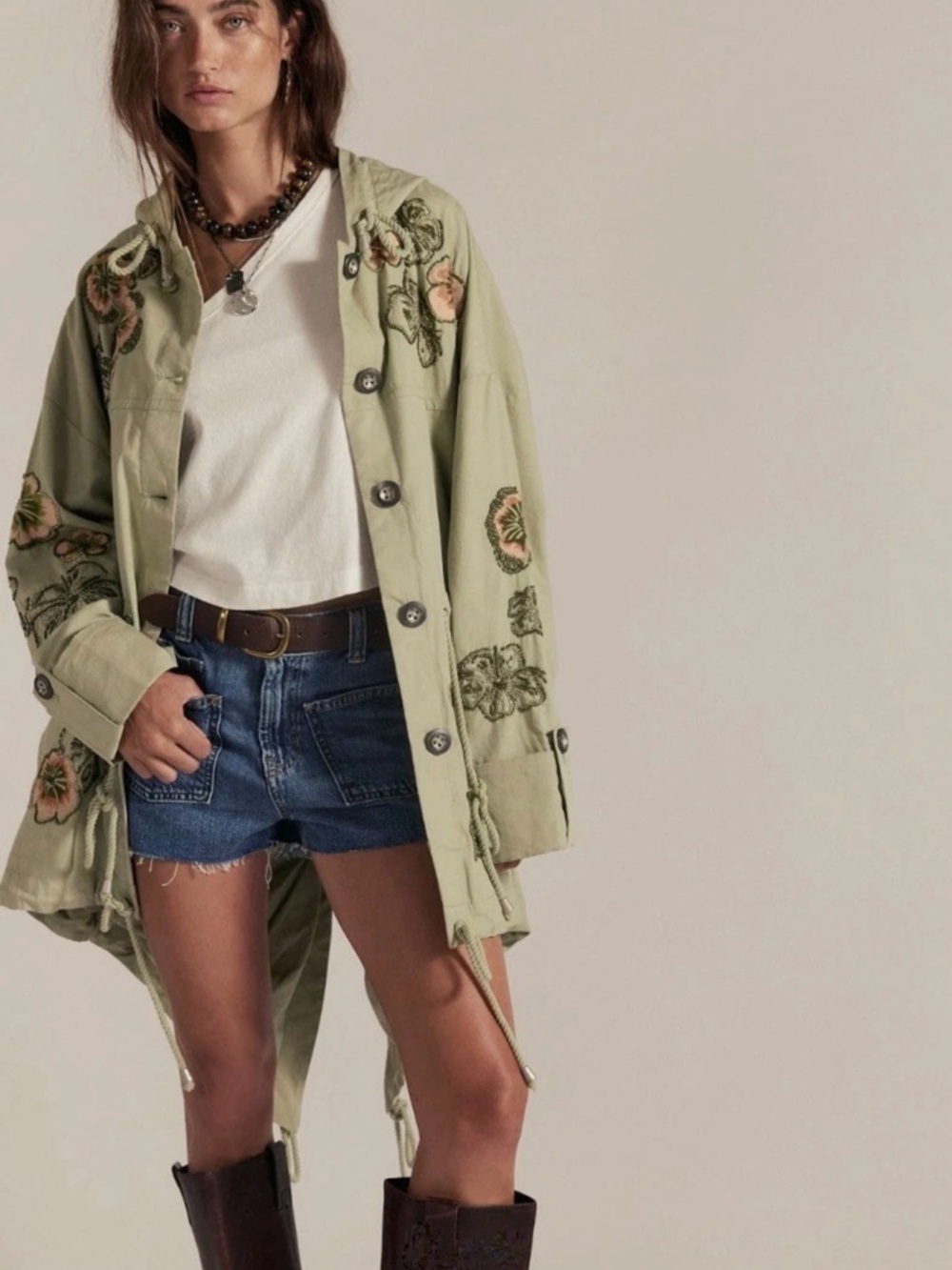 Free People We The Free Davy Jones Parka Hood Embroidery Bead Floral Sage - Picture 5 of 8